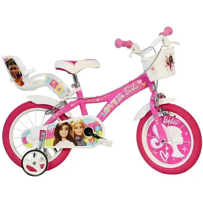 Bicicleta copii, Dino Bikes, Barbie, Roti ajutatoare, Cosulet frontal, Scaunel pentru papusi, 16…