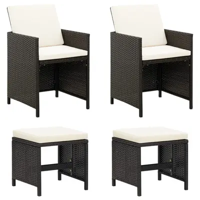 Set scaune de gradina si taburet, 4 piese, negru, poliratan