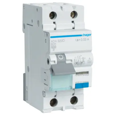 Disjunctor diferential RCBO 1P+N 20A/30mA, B, 6kA, tip A, curba B Hager ADA920D