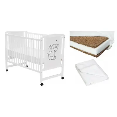 Set Patut din lemn bebe Qmini, Timmi Elephant, 120x60 cm, Alb + Saltea patut bebe, Cocos Confort…