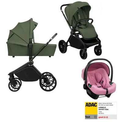 Carucior 3 in 1, Lionelo, Mika Plus, Cu scoica auto Roz testata ADAC, Reversibil, Cu sistem de…